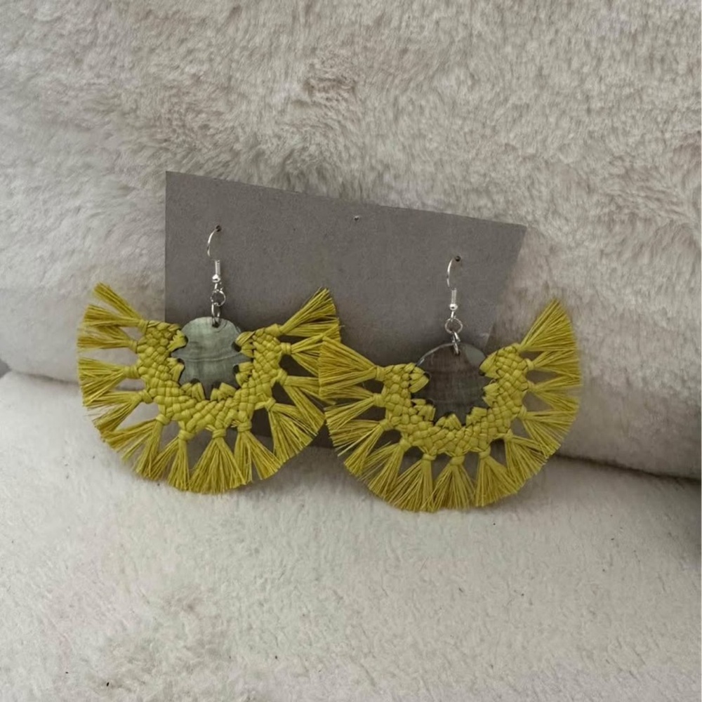 Vibrant Yellow Fan-Shaped Earrings with Silver Hooks